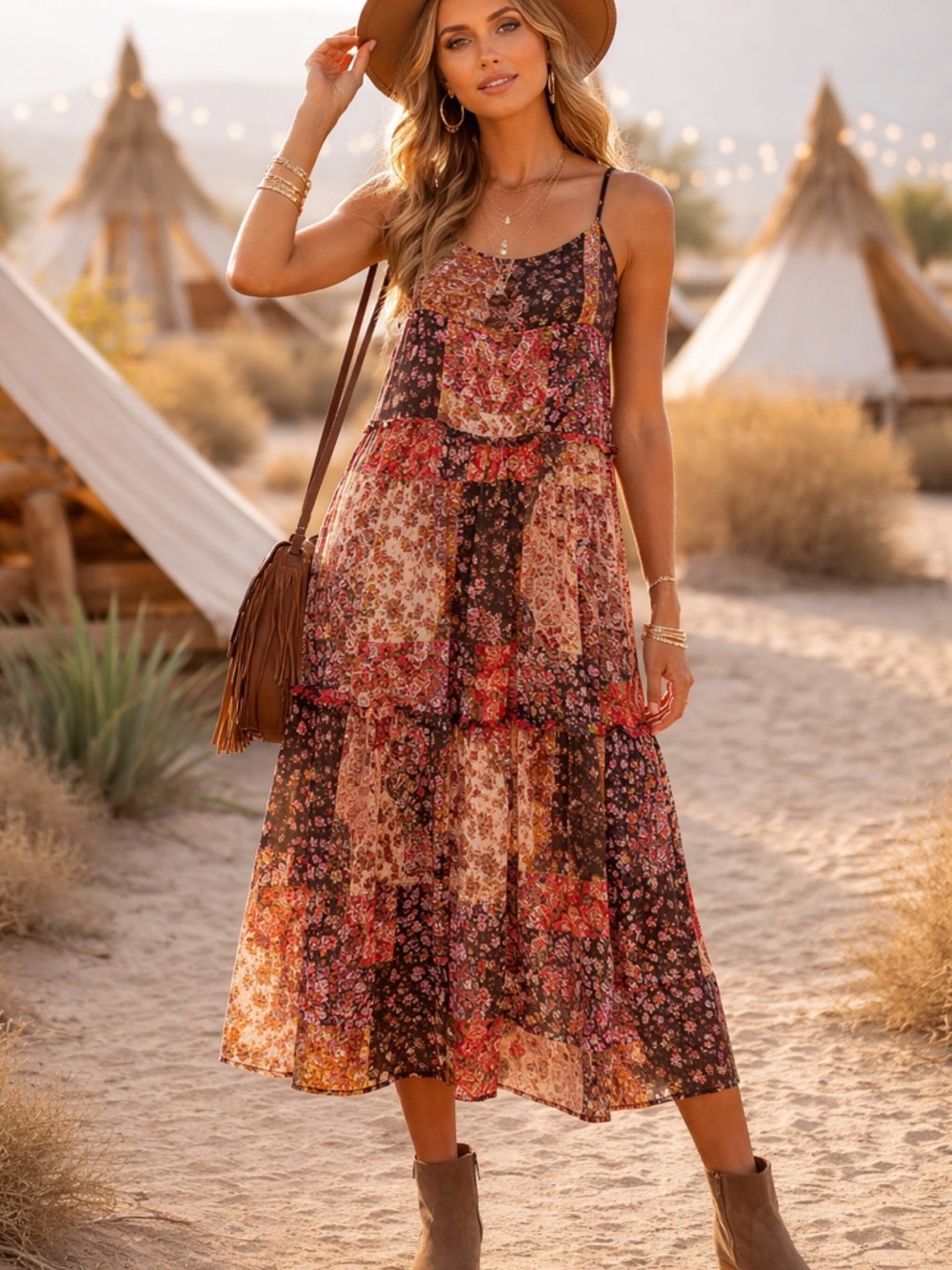 Piper & Scoot Patchwork Boho Midi Dress Paisley Tiered M Festival Flowy Hippie